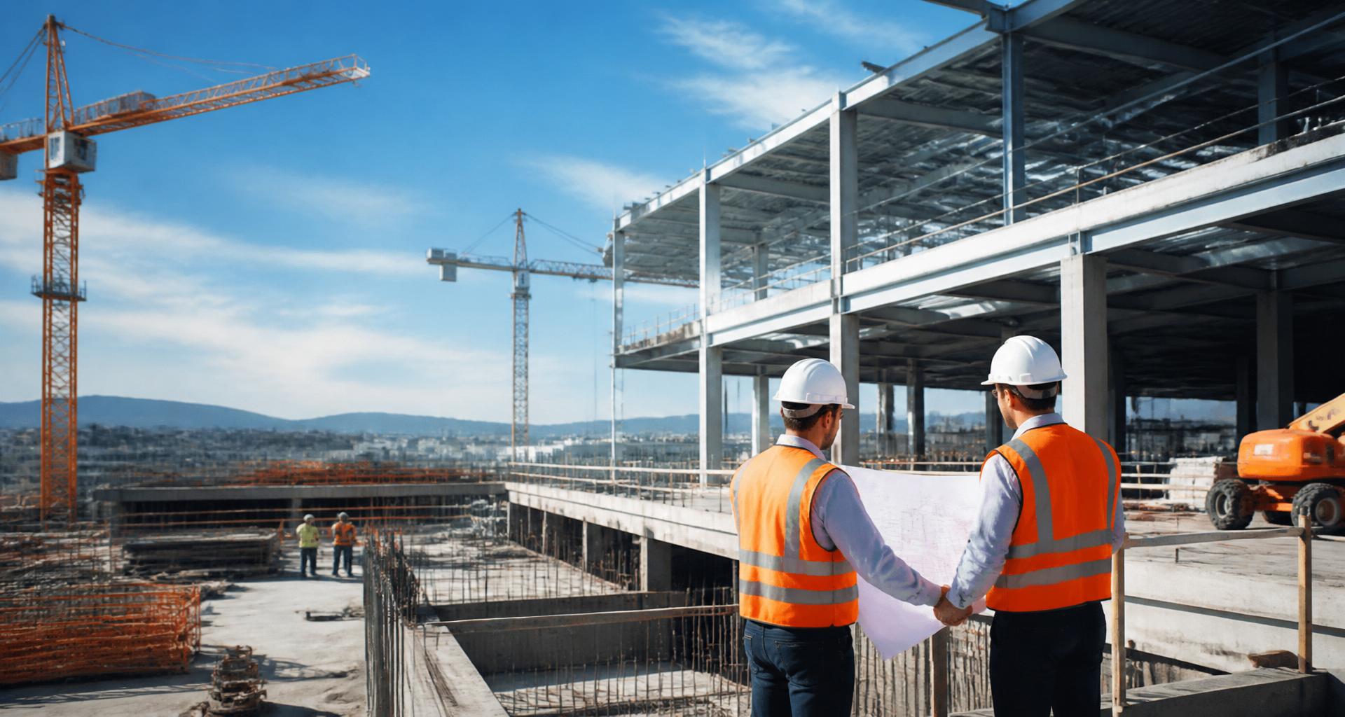 Engenheiros em canteiro de obras com guindastes e estrutura metálica ao fundo